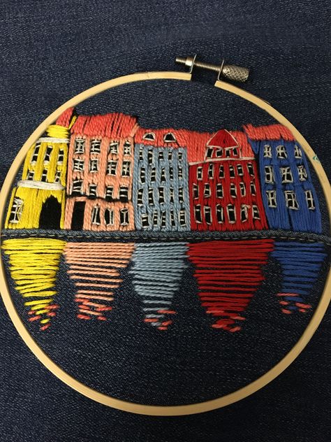 Estonia Aesthetic, Building Embroidery, Embroidery On Jeans, Goth Embroidery, City Embroidery, Free Hand Embroidery, Freehand Embroidery, Clothing Embroidery, Map Crafts