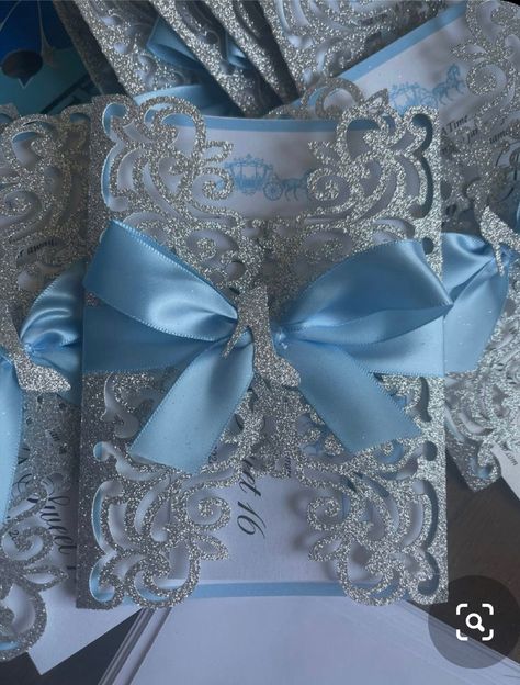 Blue Quinceanera Ideas, Cinderella Quince, Baby Blue Quinceanera, Light Blue Quince, Cinderella Wedding Invitations, Cinderella Quinceanera Themes, Quince Planning, Cinderella Sweet 16, Cinderella Quinceanera