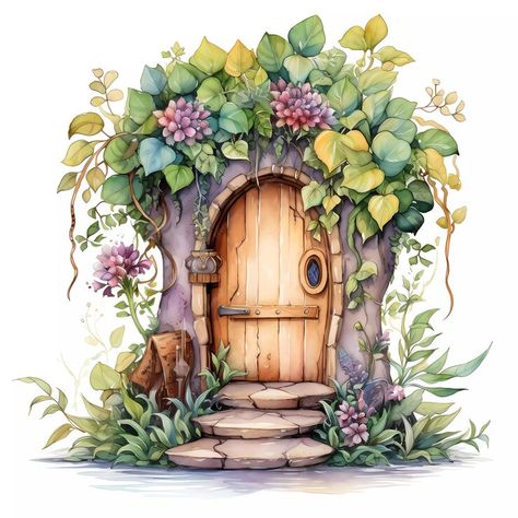 Garden Drawing, Rustic Doors, Fairy Door, Fairy Doors, Door Stickers, Digital Watercolor, Watercolor Rose, Wooden Doors, Watercolor Clipart