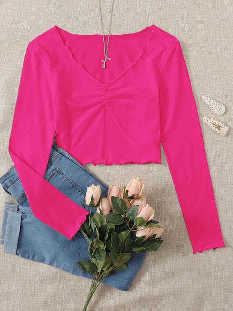 Hot Pink Casual Collar Long Sleeve Cotton Plain  Embellished Slight Stretch Spring/Fall Women Tops, Blouses & Tee Hot Pink Shirt Outfit, Pink Lettuce, Neon Pink Crop Top, Neon Pink Shirts, Neon Pink Tops, Hot Pink Outfit, Tight Crop Top, Hot Pink Tops, Neon Outfits