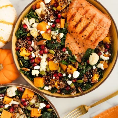 Autumn Salmon Squash Bowl - Once Upon a Pumpkin Salmon Squash, Fall Salmon, Squash Bowl, Frozen Butternut Squash, Salmon Quinoa, Honey Mustard Salmon, Mustard Salmon, Salmon Bowl, Squash Salad