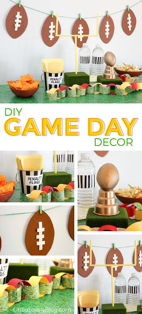 Oh So Lovely Blog DIY Super Bowl Football Party decor tutorials Baby Birthday Party Games, Superbowl Party Decor, Superbowl Outfits, Diy Super Bowl, 1st Birthday Games, Kids Sports Party, Superbowl Party Decorations, Football Watch Party, Super Bowl Decorations