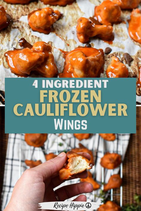 These delicious buffalo cauliflower wings are seriously amazing. The recipe uses frozen cauliflower, which we all have a bag of SOMEWHERE in our freezers! And since there are only 4 ingredients, it is a great easy healthy snack idea for partys! You really have to try them, they're DELICIOUS! #cauliflowerbuffalowings Frozen Cauliflower Recipes, Frozen Vegetable Recipes, Baked Buffalo Cauliflower, Easy Healthy Snack, Frozen Cauliflower, Cauliflower Buffalo Wings, Cauliflower Wings, Appetizers Easy Finger Food, Buffalo Cauliflower