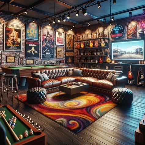 Immerse in a quirky man cave with a massive leather couch, flat-screen TV, classic bar, arcade games, pool table, music corner, and poker table. Elaborate neon lights create a relaxed ambiance. #ManCave #HomeBar #ArcadeGames #PoolTable #MusicLovers #GameRoom Home Pool Table Room, Man Cave Lighting Ideas, Man Cave Pool Table, Basement Arcade, Bar Room Design, Garage Man Cave Ideas, Man Cave Table, Bar Arcade, Classy Man Cave