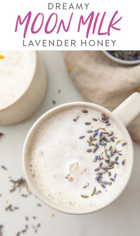 This moon milk is positively dreamy! A delicious way to help kick you off to deep sleep, there's a traditional moon milk, a tart cherry variation, and a honey lavender variation. Your new favorite bedtime routine! #healthy #moonmilk #sleep Lavender Oat Milk Latte, Traditional Moon, Moon Milk Recipe, Lavender Simple Syrup, Lavender Latte, Relaxing Morning, Moon Milk, Brunch Inspiration, Seasonal Eating