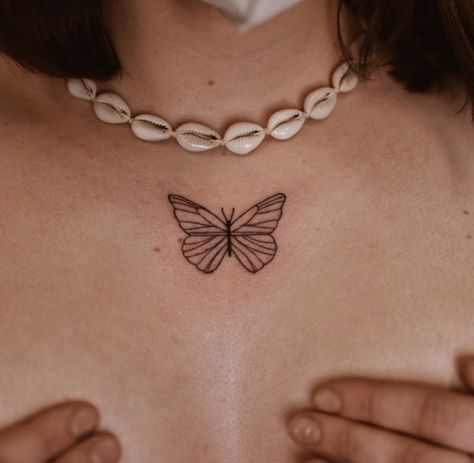 Small Tattoo Chest Female, Small Butterfly Tattoo On Chest, Little Chest Tattoo Female, Women Tattoos Chest, In Between Chest Tattoo Female Butterfly, Butterfly On Chest Tattoo, Chest Word Tattoo Female, Chest Tattoo Women Ideas, Butterfly Sternum Tattoo Women