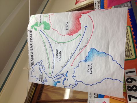 This map that the teacher from my 5th Grade class made does an excellent job of giving a visual look at what the Triangle Trade actually looked like. This poster also contains elements from the NYS 5th Grade Social Studies Standards: Showing maps of events such as this, the Triangle Trade. Social Studies Small Group Activities, 8th Grade History, 7th Grade Social Studies, Social Studies Projects, Social Studies Education, Middle School History, 4th Grade Social Studies, 6th Grade Social Studies, European Explorers