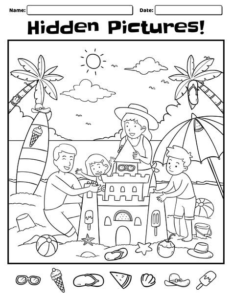 beach hidden pictures printable - Pesquisa Google Worksheet For Preschoolers, Hidden Pictures Printables, Hidden Picture Games, Visual Perception Activities, Beach Coloring Pages, Cognitive Activities, Mario Coloring Pages, Hidden Object Games, Hidden Images