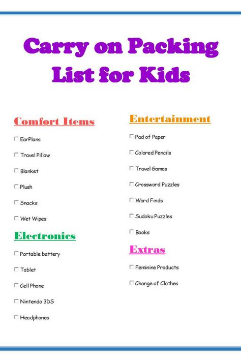 Ultimate carry on packing list for kids with printable! #packinglist #travelwithkids #traveling #packingforkids #printable Packing Checklist Template, Carryon Packing List, Carry On Packing List, Packing List Kids, Carryon Packing, Travel Packing List Printable, Road Trip Kit, Printable Packing List, Travel Packing Checklist