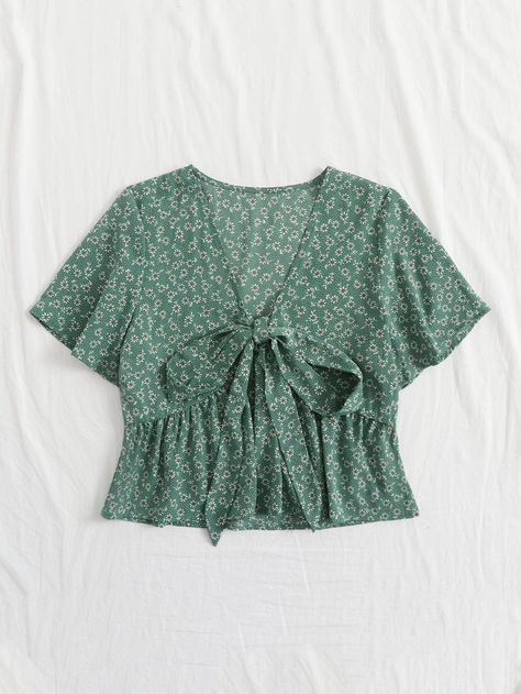 Knot Front Ditsy Floral Ruffle Hem Blouse | SHEIN USA Sleeveless Top Outfit, Myanmar Clothes, Batwing Sleeve Blouse, Batwing Blouse, Printed Peplum Top, Crop Top Designs, Frock For Women, Myanmar Dress Design, Cold Shoulder Lace