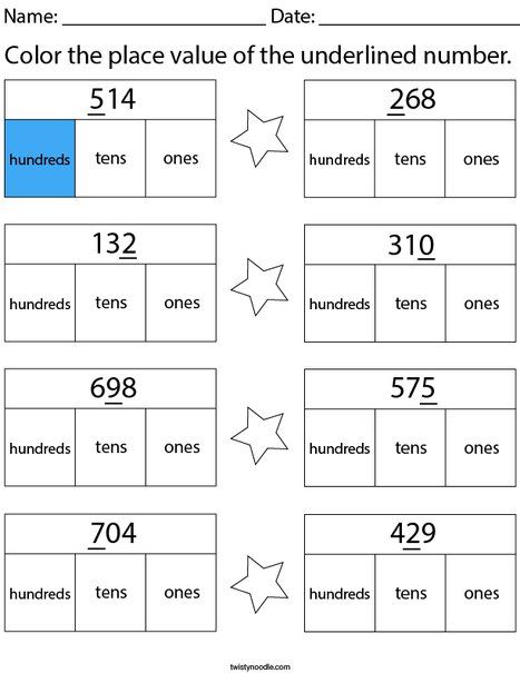 Color the place value of the underlined number- 3 digit Math Worksheet - Twisty Noodle Place Value 3 Digit Numbers, Grade 2 Place Value Activities, Place Value And Value Worksheets, Number Place Value Worksheets, 3 Digit Numbers 2nd Grade, Place Values Worksheets, 3 Digit Place Value 2nd Grade, Place Value 3 Digit Numbers Worksheets, Place Value For Grade 1