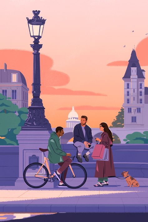 The stunning Designstudio has accompanied the newly developed visual identity for Eurostar. They asked Fagostudio to work on several illustrations from ambient and people in the heart of Paris. Capturing the nuances and details of everyday life in the city, with highlights on nature and local viewpoints. Three illustrations for use across the digital and print campaign. Enjoy them! 😊 2024 Sketchbook, Editorial Illustration Magazine, Beautiful Cinematography, Color Script, City People, Lifestyle Illustration, City Illustration, Green City, Sketchbook Ideas