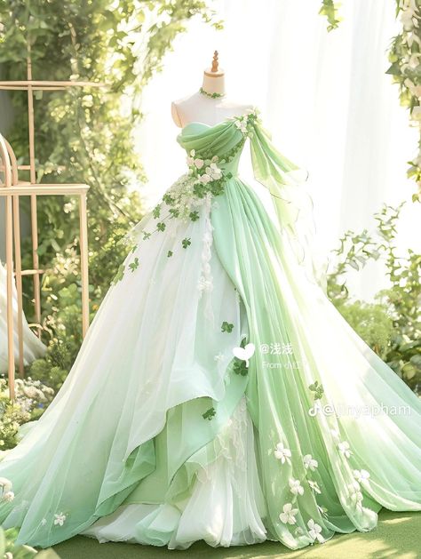 Funny Dresses Weird, Disney Princess Dress Ideas, Spring Princess Dress, Pastel Green Ball Gown, Mint Green Ball Gown, White Green Wedding Dress, Light Green Wedding Dress For Bride, Wedding Dress With Green Accents, Green And White Wedding Dresses