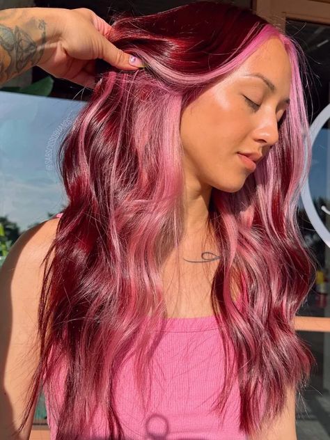 pink highlights on red hair Pink Hair With Lowlights, Pink Hair With Green Highlights, Hair Dye Colors For Pale Skin, Pink Hair With Highlights, Red Hair Pink Highlights, Highlights On Red Hair, Red Hair With Pink Highlights, Red Hair Bob, Pink And Red Hair