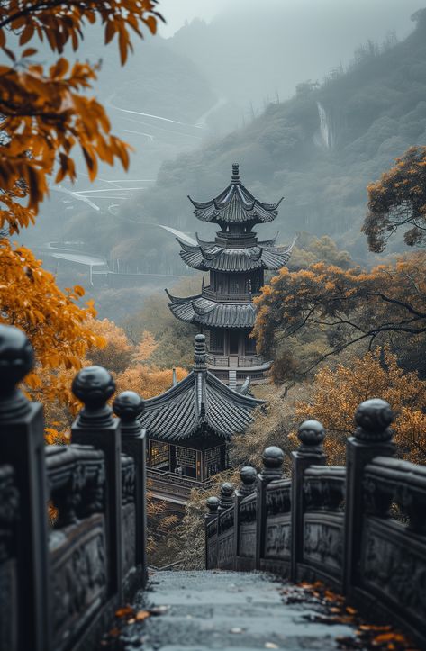 A majestic temple viewed through ornate gates, with autumn leaves framing the serene scene, symbolizing wisdom and the passage of time in nature. Temple Aesthetic, China Nature, China Aesthetic, Ancient Chinese Architecture, Chinese Wallpaper, Chinese Temple, Asian Landscape, Chinese Aesthetic, Passage Of Time