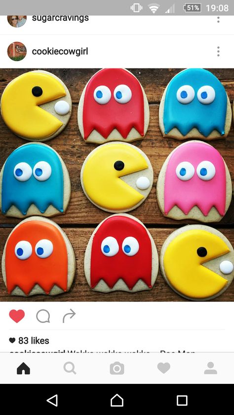 Retro, pacman Pacman Cookies Decorated, Character Cookies Decorated, Cute Cookies Decorated, Man Birthday Cookies, Pacman Cookies, Cookie Decorating Ideas, Sweet 16 Party, Cookie Business, Man Cookies