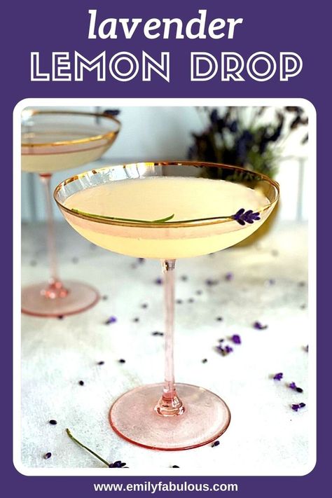 This Lavender Lemon Drop Cocktail is a beautiful and flavorful drink made with fresh lemon juice and lavender syrup. This vodka cocktail is perfect for parties, brunch, or happy hour! The classic lemon drop is made with vodka, lemon juice, and simple syrup. It’s a classic because it has the perfect balance of sweet and sour and it’s pretty easy to make. This lavender version of the classic cocktail uses homemade lavender simple syrup instead of regular simple syrup. Cocktails With Lavender Simple Syrup, Vodka Lavender Cocktail, Drinks Made With Lavender Syrup, Lemon Lavender Cocktail, Lemon Lavender Martini, Lavender Simple Syrup Cocktails, Uses For Lavender Syrup, Lavender Lemon Drop Cocktail, Cocktails With Lavender Syrup