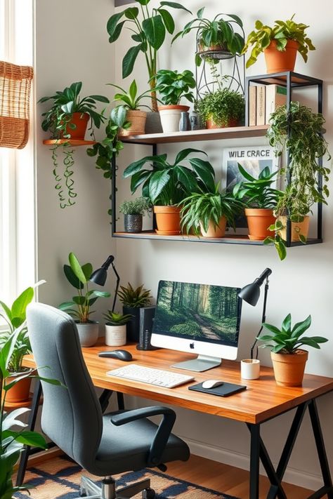 Discover 12 stylish and efficient small home office ideas with wooden desks and potted plants for a functional workspace. Tiny Therapy Office Space Ideas, Small Office With Plants, Corner Desk Nook, Therapy Office Aesthetic, Wfh Office Ideas, Small Desk Setup Ideas, Cute Home Office Ideas, Wfh Desk Setup, Botanical Office