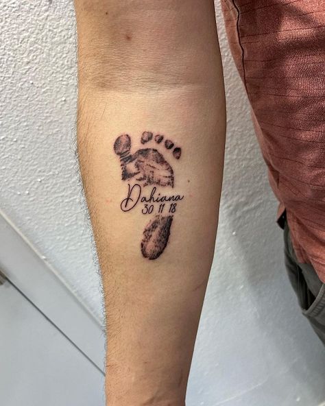 Babyfoot Print Tattoos, Newborn Feet Tattoo, Footprints Tattoo Ideas, Footprint With Name Tattoo, Footprint Tattoos For Women, First Son Tattoo Ideas Dads, Footprint With Flowers Tattoo, Tattoos For Newborn Son, Baby Tattoo Designs Dad