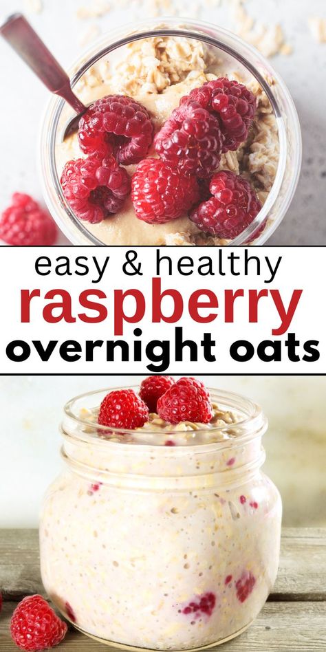 Text reads Easy and Healthy Raspberry Overnight Oats Yoghurt Overnight Oats Greek Yogurt, Overnight Raspberry Oats, Raspberry Chia Overnight Oats, Over Night Oats With Yogurt, Overnight Oats Healthy With Chia Seeds, Raspberry Jam Overnight Oats, Overnight Oats Healthy Easy Simple, Ww Overnight Oats Smart Points, Quick And Easy Overnight Oats