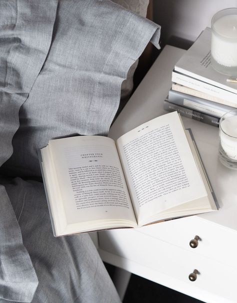 Soft grey bed linen and moments spent at home. Making your bedroom a sanctuary this autumn with The White Company Open Book, Bedroom, Bed, Grey, Water, Glass, White