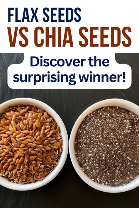 Flax seeds and chia seeds in bowls. Text reads: Flax seeds vs chia seeds. Discover the surprising winner. Flax Vs Chia Seeds, Health Benefits Of Flax Seeds, Chai And Flax Seed Recipes, Chia Seeds And Flax Seed Recipes, How To Use Flax Seed Recipes, Chia Seed Recipes For Flat Stomach, Flax Seed Benefits How To Use, Chia Seeds Benefits Skin, Chia And Flax Seed Recipes