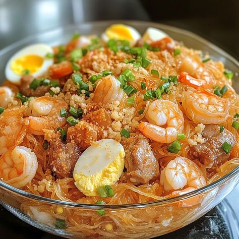 Pancit Palabok, Pork Broth, Instagram Recipes, Noodle Dish, Trending Recipes, Minced Onion, Noodle Dishes, Rice Noodles, Hard Boiled