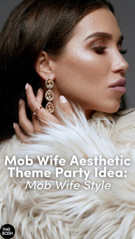 The latest style trend is officially here: the mob wife aesthetic🍸✨Plan the ultimate mob wife aesthetic themed party with the mob wife style💍 Get more ideas for a mob wife aesthetic party here🎉 #mobwifeaesthetic #mobwife #mobwifetrend #mobwifeparty #mobwifethemedparty #mobwifeaestheticparty #mobwifeaestheticthemedparty #mobwifeaestheticoutfit #partytheme #birthdaypartytheme #bachelorettepartytheme Mobwife Makeup Aesthetic, Mob Wife Aesthetic Plus Size, Mob Themed Wedding, Gangsters Wife Aesthetic, Mob Wedding Aesthetic, Mob Wife Dinner Party, Mob Wife Aesthetic Outfit 2024, Russian Mob Wife Aesthetic, Mob Wife Aesthetic Hair