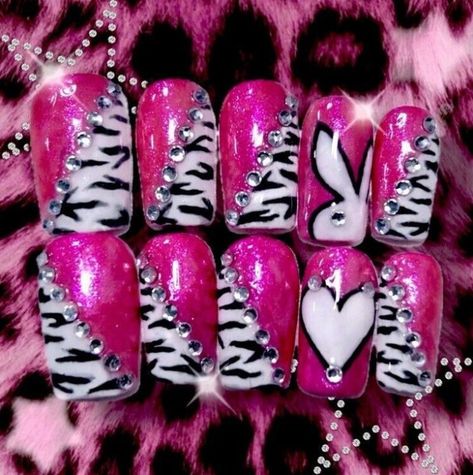 Playboy Pink Zebra Bling Y2K Nails, #AD, ##Nails, #ADVERTISEMENT, #Y2K, #Bling, #Zebra #y2knails