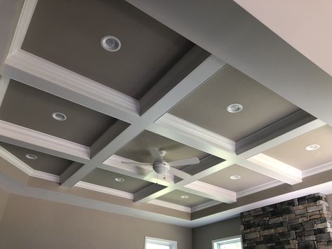 Coffered Ceiling with Crown Molding and Recessed Lighting in Each Coffer Waffle Ceiling, Double Tray Ceiling, Pitched Ceiling, Elegant Tray, Beach Bungalow, Ceiling Ideas, Tray Ceiling, Recessed Ceiling, Fireplace Ideas