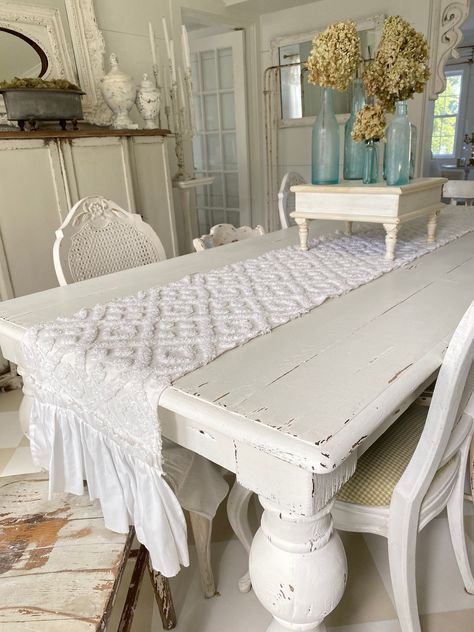 "After many requests, here is the table runner! Natural or white chenille with an 8\" cotton ruffle. 15\" wide and customize your length (up to 110\") under (personalization area below). The length requested will include the 8\" ruffle on both ends. Remember to measure correctly as this is a non-returnable item:) 100% cotton that will come freshly laundered!" Chic Beach House, Table Scarf, Farmhouse Tables, Bed Scarf, Shabby Chic Table, Chic Table, Runner Table, Shabby Chic Crafts, Shabby Chic Farmhouse