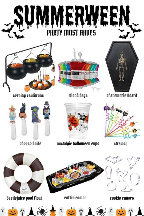 Halloween Decorations Backyard Party, Summerween Birthday Party Ideas, Summerween Party Activities, Spooky Season Activities, Summerween Party Decorations, Summerween Aesthetic Party, Summer Ween Ideas, Summerween Party Ideas, Summer Halloween Party