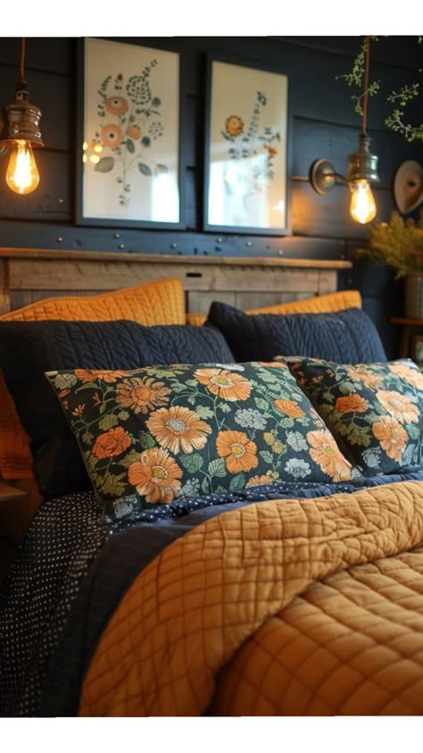 Bedroom Moody, Baddie Apartment, Apartment Bedroom Ideas, Dark Blue Bedrooms, Vintage Bedroom Ideas, Decor Ideas For Living Room, Home Decor Cozy, Bedroom Ideas Inspiration, Bedroom Orange