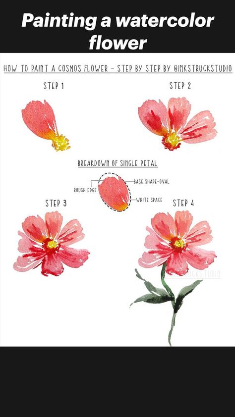 Pin on Art-Watercolor Pencils Watercolor Worksheet, Watercolor Cosmos, Acrylic Flower Painting, Painting Flowers Tutorial, Seni Pastel, Learn Watercolor Painting, Flower Drawing Tutorials, Watercolor Flowers Tutorial, Learn Watercolor