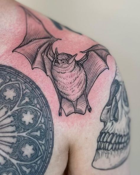 Bat Chest Piece, Bat Chest Tattoo, Bat Tats, Botanical Witch, Tattoo Bat, Rustic Illustration, Bat Illustration, Line Drawing Tattoos, Tato Tradisional