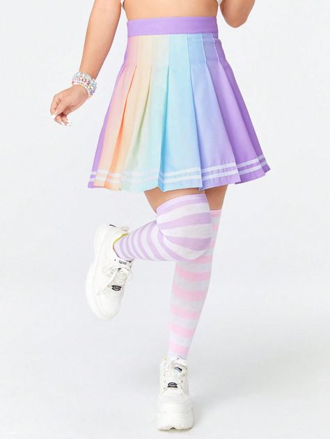 Multicolor Casual Collar  Woven Fabric Colorblock Pleated Embellished Non-Stretch  Women Clothing Pastel Rainbow Clothes, Pastel Skirts, Femboy Outfit, All Out Anime, Emo Accessories, Gal Fashion, Rainbow Skirt, Teen Outfits, Rave Fashion