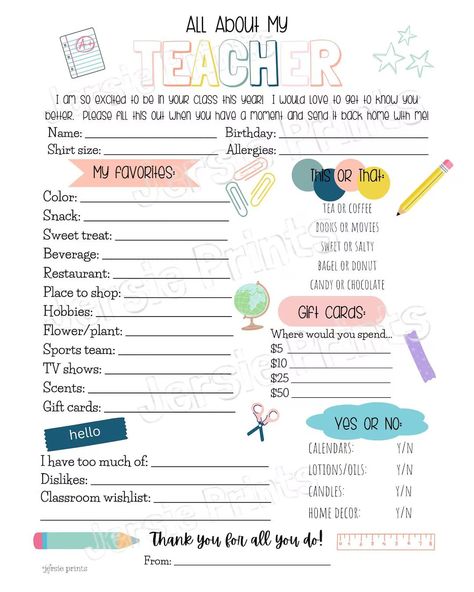 All About My Teacher / Teacher … curated on LTK Get To Know My Teacher Printable, Teachers Likes List, Room Mom Teacher Questionnaire, Teacher Get To Know You, Teacher Getting To Know You Sheet, Teacher Get To Know You Free Printable, Teacher Information Sheet For Gifts, Teachers Favorites Printable, Questions For Teachers For Gifts