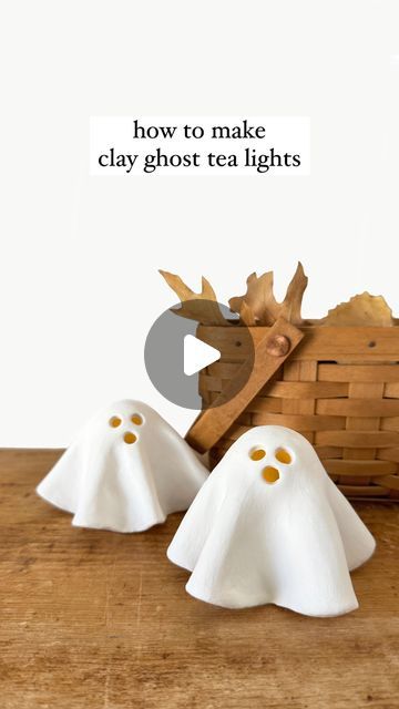 Ghost Tea Lights, Air Dry Clay Ghost Tea Light, Air Dry Ghost, Air Dry Clay Mini Ghosts, Clay Ghost Tealights, Easy Clay Ideas Step By Step, Clay Ghost Diy, Light Clay Ideas, Clay Crafts Air Dry Easy