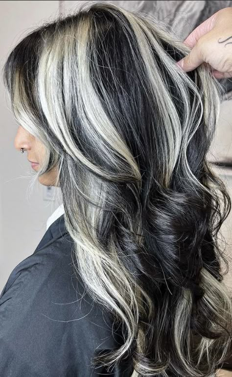 Highlights Styles Haircolor, Chunky White Highlights On Brown Hair, Black An Blonde Hair Color, Black Hair Blonde Chunky Highlights, Black Hair With Thick Blonde Highlights, Blonde Chunks On Dark Hair, Black And Gray Hair Underneath, Black With Blonde Chunks, Black Blonde Hair Highlights