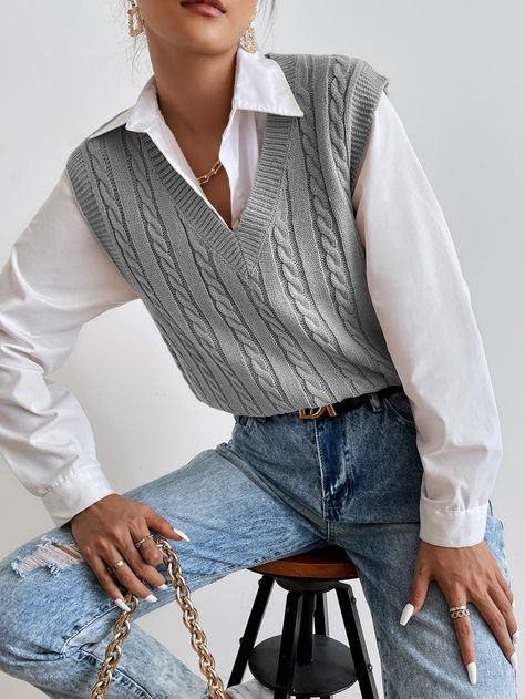 Light Grey Casual   Acrylic Plain   Non-Stretch Spring/Fall Women Knitwear Cable Knit Sweater Vest Blue, Blue No Sleeve Sweater, Sweater Shirt Combo Women, Where To Buy Sweater Vest, Blue Vest Outfit, Vest Outfit Women, Knit Vest Outfit, Vest Outfits For Women, Sweater Vest Outfit