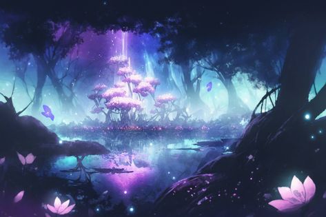 Magiс fantasy forest lake with glowing flowers at night Flowers At Night, Art Club Projects, Miss Marvel, Glowing Flowers, Glowing Background, Fantasy Background, Forest Background, Location Inspiration, Mystical Forest