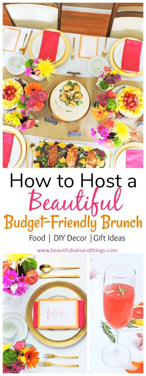 EVERYTHING you need to host a beautiful brunch on a budget! Healthy menu ideas, DIY décor, gift ideas!  brunch ideas | brunch ideas décor | brunch decorations | mother's day brunch ideas décor | spring brunch ideas décor | brunch menu | DIY brunch décor | DIY party ideas | budget friendly party ideas | DIY gifts | cheap party ideas Brunch On A Budget, Breakfast Party Menu, Brunch Party Menu, Diy Brunch, Beautiful Brunch, Brunch Party Decorations, Mothers Day Dinner, Ladies Brunch, Brunch Decor