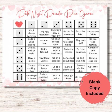 Printable Date Night Decider Dice Game. This fun couples dice game is the perfect gift for an anniversary or for Valentine's Day. This is a perfect gift for your husband/wife or boyfriend/girlfriend. If you are tired of having to plan date nights, this is the perfect answer! Just take turns rolling the dice and your date is picked for you. Add some adventure and spontaneity to your love life with this interesting Date Night Idea Dice Game. Blank copy also included so that you can write in yo🥰#LoveStory #RomanticEncounters #HeartfeltConnections #DateNightIdeas #SoulmateSearch #FlirtyFridays #CandlelitDinners #StarryEyedMoments #LoveQuotes #DreamyDates #WhisperedPromises #AmourAdventures Date Ideas Printable, Couple Dice Game, Date Night Dice Diy, Dirty Dice Game, This Or That Date Ideas, Dirty Dice Game For Couples, Game With Boyfriend Ideas, Craft Date Night Ideas, Things To Do At Home With Boyfriend