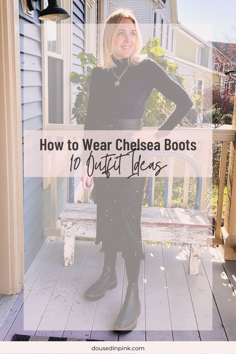 Discover the ultimate guide on how to wear Chelsea boots this fall! Ten outfit ideas to recreate so that you can embrace the season in style. Chelsea Boots And Skirts, Dresses And Chelsea Boots, Chelsea Boots With Skirt Outfit, Skirts With Chelsea Boots, Chelsea Boots Outfit Dressy, Dresses With Chelsea Boots, Styling Black Chelsea Boots, Chelsea Boots Skirt Outfit, Chelsea Lug Boots Outfit