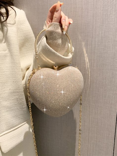 Gold Glamorous Collar  Glitter Plain Novelty Bag Embellished   Women Bags Novelty Purses, Crystal Handbag, Glitter Bag, Luxury Clutch, Novelty Bags, Beauty Case, Heart Bag, Glitter Hearts, Rhinestone Heart