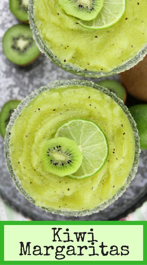 Kiwi margaritas with fresh kiwi, orange, tequila, sweet and sour and melon liqueur for a delicious frozen beverage. #kiwi #margarita Kiwi Margarita Recipe, Frozen Kiwi, Kiwi Margarita, Pool Snacks, Melon Liqueur, Beverage Recipes, Best Cocktail Recipes, Drinking Party, Cocktail Recipes Easy