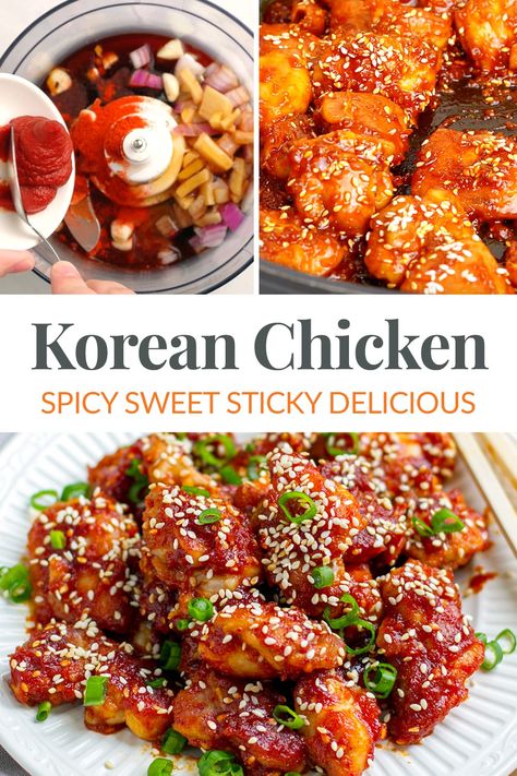 This Korean spicy chicken recipe is incredibly delicious and packed with flavour. Tender, juicy chicken pieces are pan-fried and coated in a mouthwatering spicy, sweet, and savoury Korean sauce. This recipe is inspired by the popular KFC (Korean fried chicken) and is a healthier version, gluten-free and paleo-friendly. Healthy Asian Chicken Recipes, Korean Spicy Chicken, Korean Sauce, Spicy Korean Chicken, Korean Fried Chicken Recipe, Chicken Recipe Healthy, Grilled Prawns, Spicy Chicken Recipes, Korean Chicken