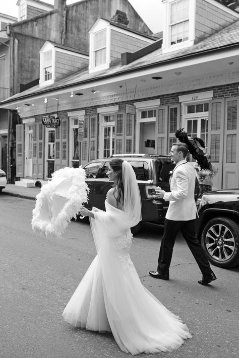 Following the ceremony, guests joined a "second line" (a traditional brass band parade) lead by Bucktown All-stars. Everyone walked around the French Quarter and ended up at Marché, the reception location. According to Katherine, "From the moment the ceremony ended, the party was Middle Part Box Braids, Part Box Braids, Bourbon Wedding, Braids Bob, Box Braids Bob, Intimate Outdoor Wedding, Wedding Captions For Instagram, Ballroom Reception, Nola Wedding