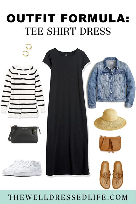 Dress Tee Shirt Outfit, Long Tee Shirt Dress, Shirt Dress With Pants Outfit, Midi T Shirt Dress Outfit, Styling Tshirt Dress, Clothing Formulas, Black Shirt Dress Outfit Casual, Dress For Travel Outfit Ideas, How To Wear A Shirt Over A Dress