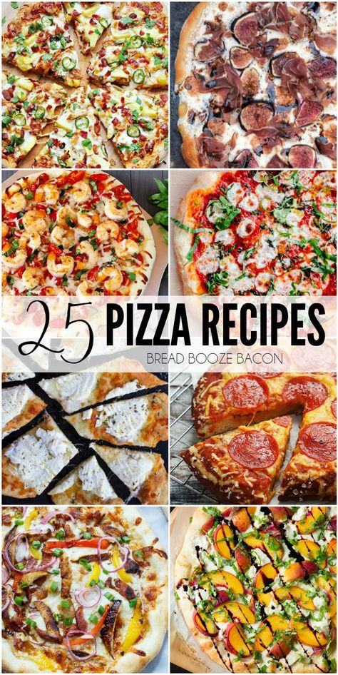 These 25 Pizza Recipes are oh so cheesy, and packed with incredible flavors that'll make you forget all about picking up the phone for takeout. #BreadBoozeBacon #pizza #cheese #dinner Pizza Toppings Combinations, Pizza Gourmet, Pizza Oven Recipes, Spicy Pizza, Pizza Vegetariana, Resep Pizza, Bread Booze Bacon, Pizza Vegana, Unique Pizza